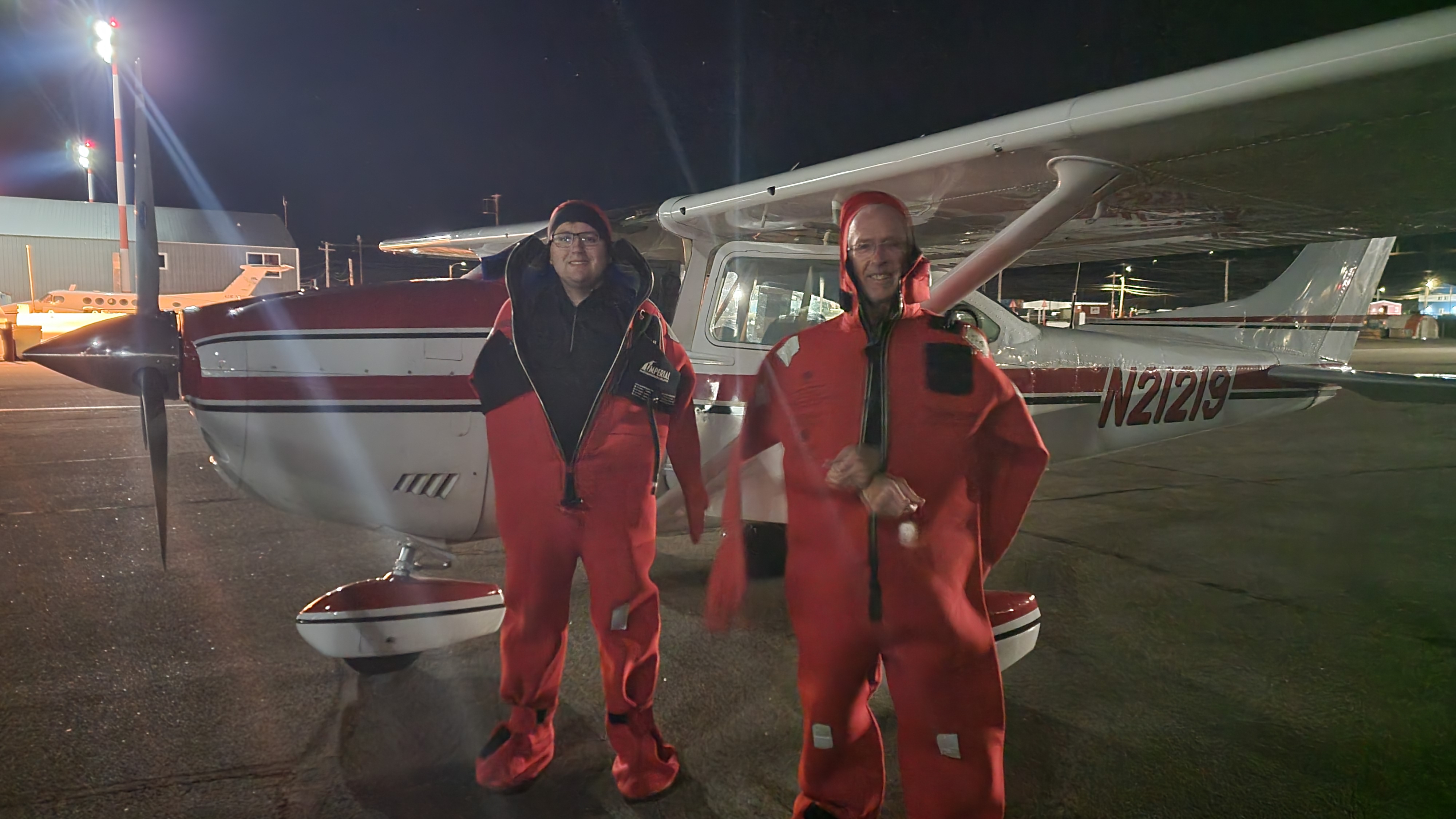 Pilots - Brian Mellor and James Muratore - in immersion suits for their Cessna 182 ferry flight